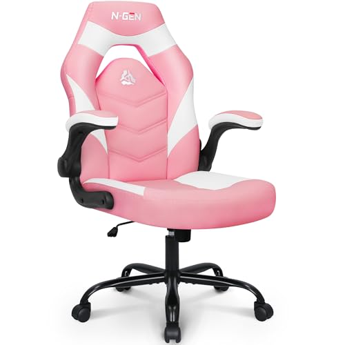 N-GEN Video Gaming Computer Chair Ergonomic Office Chair Desk Chair with Lumbar Support Flip Up Arms Adjustable Height Swivel PU Leather Executive with Wheels for Adults Women Men (Pink)