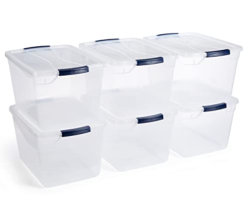 Rubbermaid Cleverstore - Paquete de 6 recipientes de plástico apilables de 30 cuartos de galón con tapas de cierre duraderas, organización visible, armario, lavandería y almacenamiento de cocina, paquete de 6 unidades