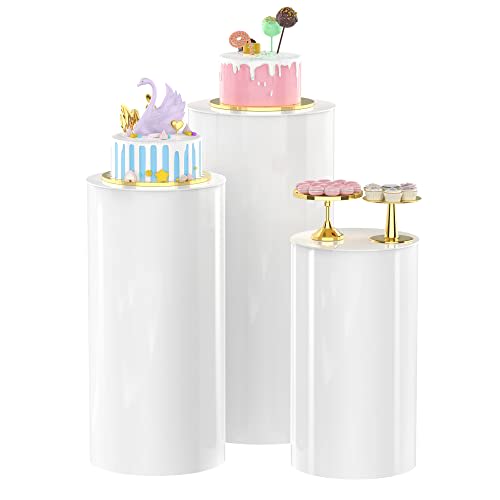 Putros Cylinder Pedestal Stands 3Pcs White Round Cylinder Pedestal Display Plinth Pillars for Wedding Party Decor 35.4''(L),29.5''(M),23.6''(S)