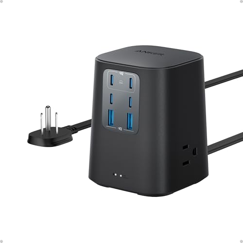 Anker Estación de carga (100 W), regleta de alimentación USB C 9 en 1 con protección contra sobretensiones de 300J, para iPhone 15 y MacBook, cable plano y enchufe de 5 pies, 4 puertos USB C y 2