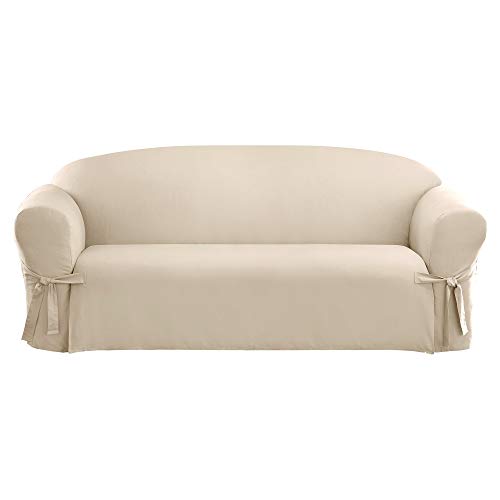 SureFit Home Décor Duck Cotton Solid Sofa Slipcover (Natural Color) - One Piece Full Length Relaxed Sofa Cover with Corner Ties/Machine Washable/Perfect for Protecting Your Favorite Furniture