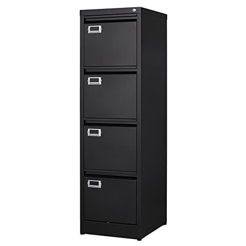 BYNSOE Archivador de 4 cajones con cerradura, archivador vertical de metal para oficina y hogar, archivador vertical A4 tamaño legal/carta, archivador estrecho bloqueado, requiere montaje (negro, 4