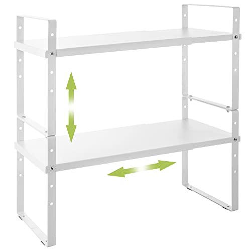 Across-Star Expandable Cabinet Shelf Organizer Rack, Stackable Kitchen Counter Storage Shelves Stand, Adjustable Height Pantry Shelf Spice Rack (White, 2 Pack)