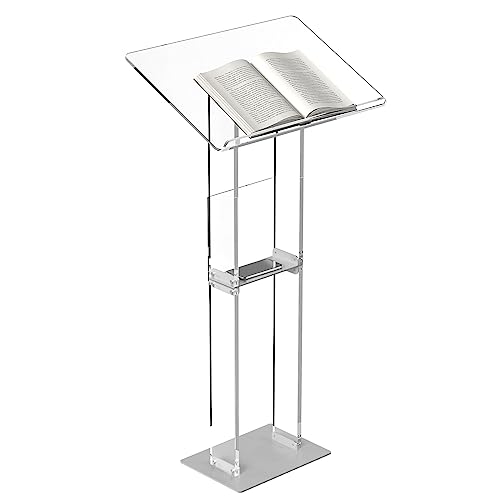 HMYHUM Soporte acrílico para podio, atriles transparentes y púlpitos para aula, bodas, iglesias, discurso, con estante de almacenamiento, base de metal, 23.6 pulgadas de largo x 15.7 pulgadas de ancho