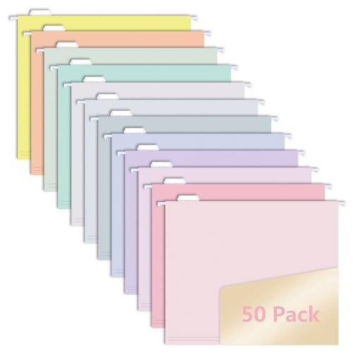 50pcs MagDurnus Hanging File Folders, Pastel Color Design,Letter Size with 1/5 Adjustable Cut Tabs, Assorted 12 Styles,Decorative,Drawer,Desk and Cabinet Use