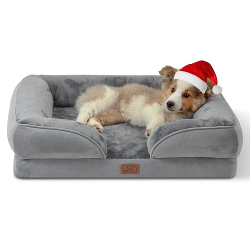 Bedsure - Cama ortopédica mediana para perros, sofá cama impermeable para perros medianos, espuma de soporte con funda extraíble y lavable, forro impermeable, base antideslizante, gris, 28x23x6.5"