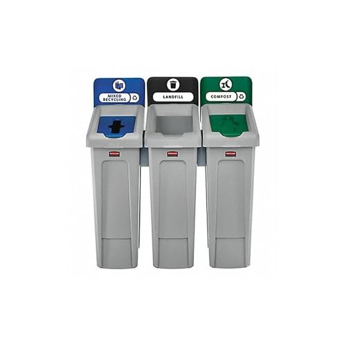 Rubbermaid Commercial Products SLIM JIM Recycling Station 3-Stream Landfill/Mixed Recycling/Compost Bin/Can/Kit/Station, 23 Gal, for Kitchen/Classroom/Office/Education/Commercial Facilities