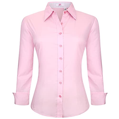 Esabel.C - Blusa de botones elástica de algodón para mujer con manga larga y ajuste regular, Moderno / Equipada, L, Rosado