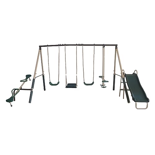 XDP Recreation Crestview - Juego de columpio de metal para niños con 2 columpios, tobogán, soporte y columpio, divertido planeador y sierra de ver, verde/bronceado