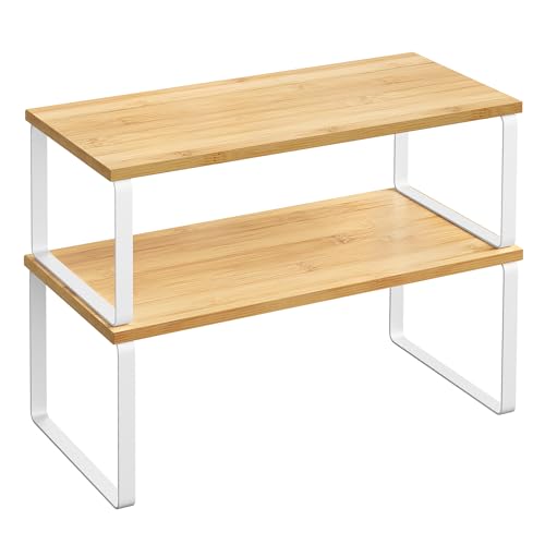 SONGMICS Estante organizador de gabinete, juego de 2 estantes de encimera de cocina, almacenamiento de cocina, estante de especias, apilable, expandible, metal y madera de ingeniería, blanco nube y