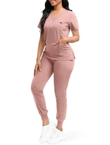 niaahinn Conjunto de ropa quirúrgica clásica con cuello en V y pantalón deportivo de yoga, uniforme médico de enfermería (rosa, M)