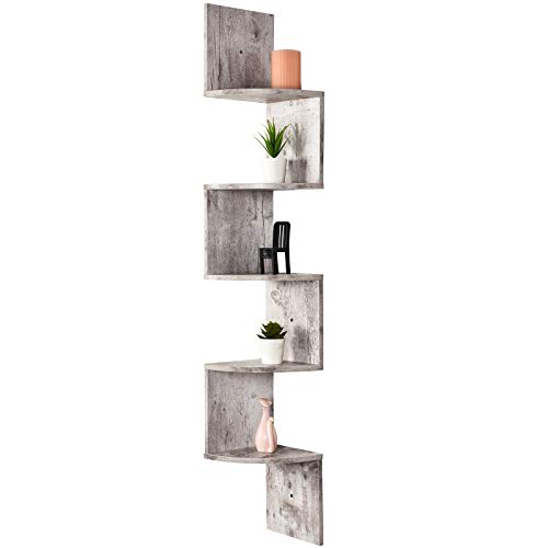 Greenco 5-Tier Floating Corner Shelves, Wall Organizer Storage, Easy-to-Assemble Wall Mount Shelves for Bedrooms, Bathroom, Kitchen, Offices, and Living Rooms(Rustic White Finish)