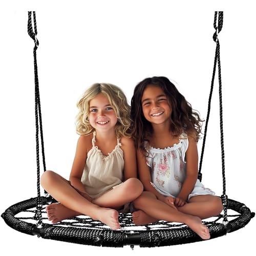 PlayVibe Spider Web Tree Swing – 40 Inch Saucer Swing for Kids Outdoor – Round Disc Swing with 800Lb Weight Capacity, 900D Oxford Waterproof Fabric, & Hanging Straps (Black)