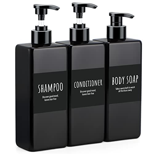 Segbeauty Shampoo and Conditioner Dispenser Refillable, 3pcs 16.9oz Shower Bottles Soap Dispenser with Labels, 500ml Empty Plastic Square Pump Bottle Dispenser Body Wash Containers for Bathroom Black