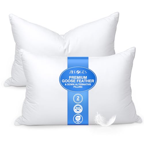 zibroges Goose Feather Pillows Queen Size Set of 2 - Hotel Down Bed Pillow for Sleeping, Soft 600 Thread Count Cotton Cover, Fluffy Support Surround Fill Polyester for Back, Stomach, Side Sleepers