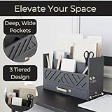 BLU MONACO Grey Wooden Desk Organizer with Drawer and Gold Handle – Perfect Office Accessories and Desktop Workspace Organizers for Home and Office Supplies