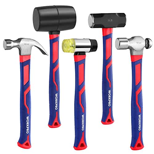 WORKPRO 5-Piece Hammer Set, Forged & Polished Steel Head, Fiberglass Handle, 32oz Rubber Mallet | 16oz Claw Hammer | 3lb Sledge Hammer | 16oz Ball Peen Hammer | 22oz Double-Faced Mallet