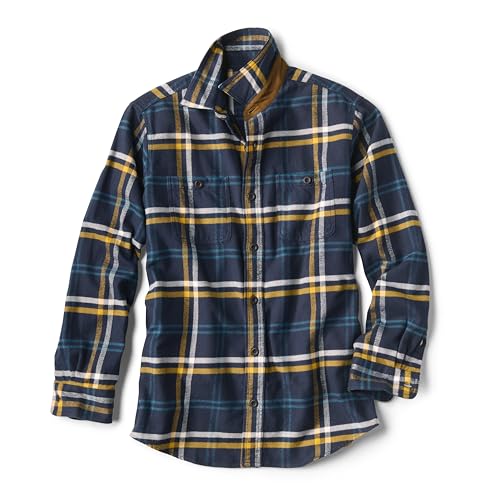 Orvis Camisa de franela perfecta para hombre, 100% algodón cepillado, camisa de franela de manga larga para hombre con ribete de gamuza sintética, Azul marino