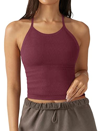 LASLULU Womens Sports Bra Halter Neck Crop Tops Seamless Ribbed Camisole Longline Running Athletic Gym Bra Cropped Tops(Burgundy Medium)