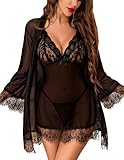 Avidlove Conjunto de lencería sexy de 3 piezas para mujer, bata tipo kimono de malla con vestido babydoll de encaje, Negro -