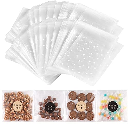 NPLUX 200PACK Self Sealing Cellophane Bags Cookie Bags for Gift Giving Clear Treat Bags with Stickers(White Polka Dot, 5.5x5.5 INCH)