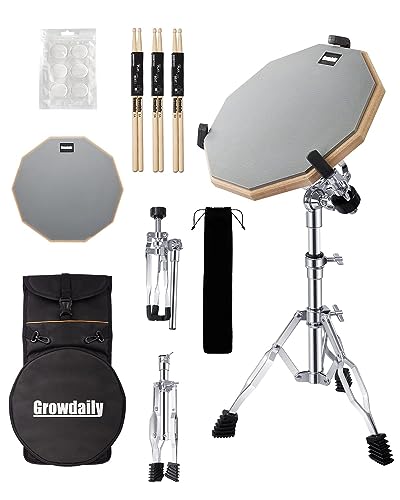 GrowDaily Drum Practice Pad Snare Drum Stand Set 12 In With Double Sided Silent Drum Pad,Drum Dampeners Gel, Drum sticks,Carrying Bag Adjustable Stand(Fits 10''-14'' Drums)