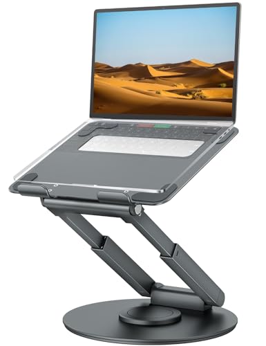 tounee Soporte telescópico para computadora portátil para escritorio con base giratoria de 360°, sentado a pie, altura ajustable, soporte elevador portátil para una buena postura, compatible con