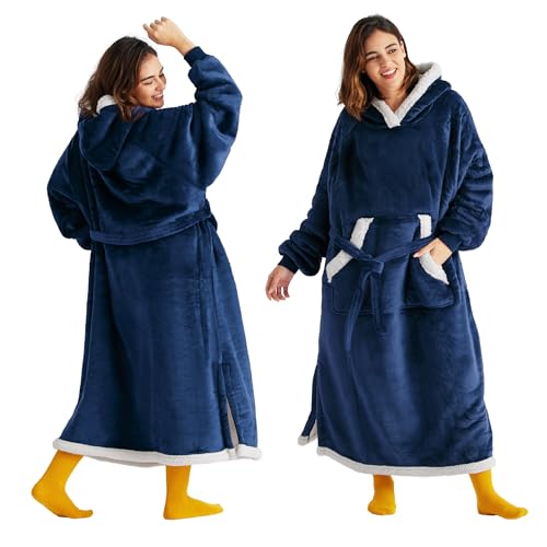 Bedsure Ovesized Wearable Blanket Hoodie, Long Sherpa Fleece Blanket Sweatshirt, with Warm Big Hood, Side Split and Belt, Navy, Small Teens