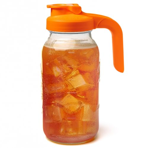 County Line Kitchen Glass Mason Jar Pitcher with Lid - Wide Mouth, 2 Quart (64 oz) - Heavy Duty, Leak Proof - Sun & Iced Tea Pitcher, Cold Brew Coffee, Breast Milk Storage, Water - Sunrise Orange