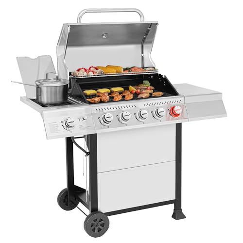 Royal Gourmet GA5401T 5-Burner Propane Gas Grill with Sear Burner and Side Burner, Stainless Steel BBQ Grill with 632 Sq. In. Grilling Area for Outdoor Barbecue Cooking, 64,000 BTUs, Silver