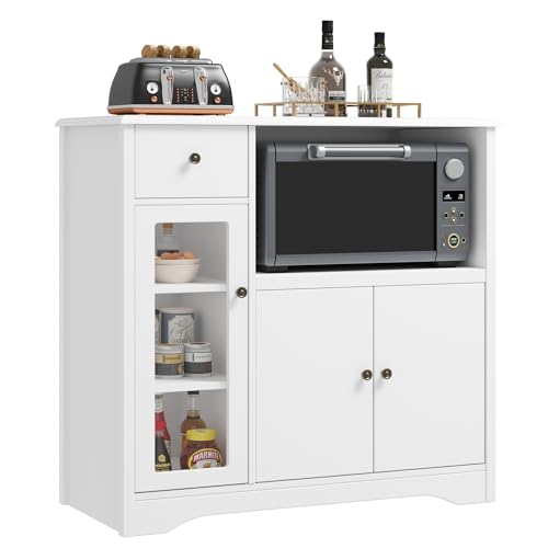 HORSTORS Armario de almacenamiento con 3 puertas y 1 cajón, aparador de buffet con estantes ajustables, gabinete de soporte para microondas para cocina, comedor, color blanco