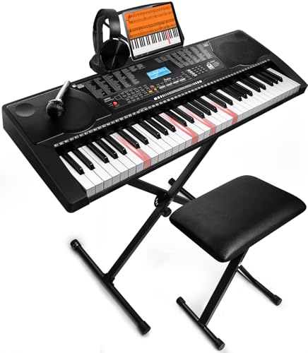 Piano de teclado electrónico portátil de 61 teclas con teclas iluminadas de tamaño completo, LCD, auriculares, soporte X, taburete, reposo de música, micrófono, calcomanías de notas, altavoces