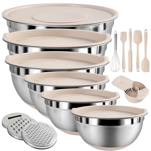 Juego de tazones para mezclar con tapas herméticas, juego de 20 utensilios de cocina, 6 cuencos de acero inoxidable, 3 accesorios para rallar, parte inferior de silicona antideslizante, ideal para