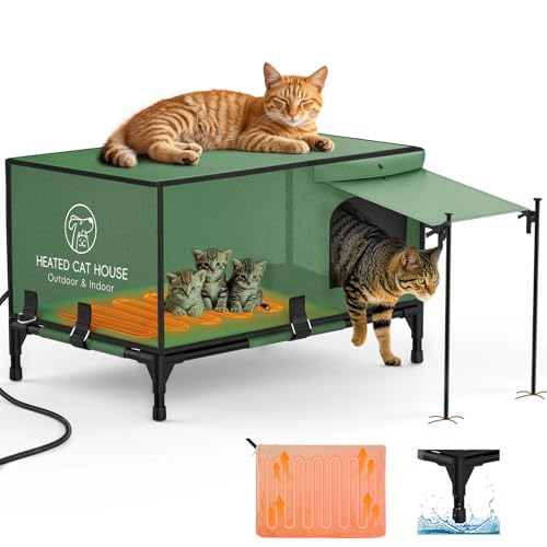 Pawaboo Casa térmica indestructible para gatos para exteriores en invierno, toldo 100% impermeable y base elevada, refugio aislado para gatos al aire libre con calentador para gatos feral, casa de