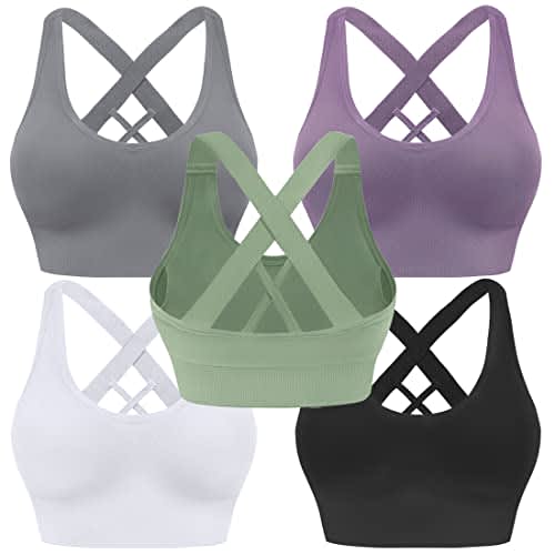 Evercute Brasier deportivo para mujer, acolchado de soporte medio, tirantes cruzados, sin costuras, de alto impacto, para yoga, ejercicio, atlético, ① Paquete de 5 unidades, negro, blanco, gris,