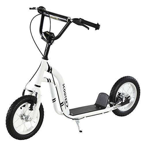 Aosom Scooter juvenil pinza delantera y trasera, doble frenos de 12 pulgadas, rueda delantera inflable para niños de 5 años en adelante, color blanco