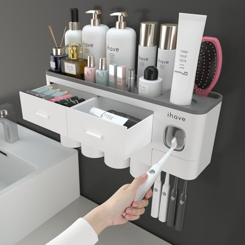 iHave - Portacepillos de dientes de pared para baños con 4 vasos, dispensador de pasta de dientes y 2 cajones para cosméticos, bandeja de gran capacidad, juego de organizador y accesorios de baño