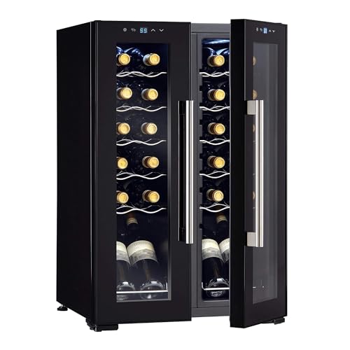 Wine Enthusiast 24-Bottle French Door Dual-Zone Compressor Wine Cooler - Freestanding Wine Refrigerator with Split Storage & 41-64°F Temperature, 2 Glass Pane Doors & Touchscreen LED Controls