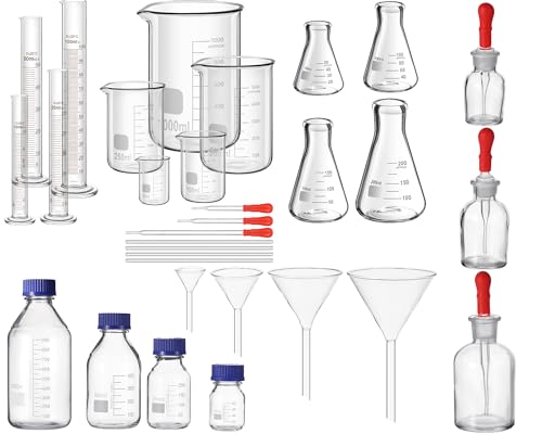 Saysurey Juego de 31 piezas de cristalería de laboratorio, incluye vasos de medición, cilindros, frascos Erlenmeyer, frascos cuentagotas, botellas de medios, varillas de agitación, embudos cuentagotas