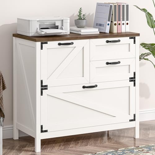 4-Drawer Wood Lateral File Cabinet for Hanging Files Letter/A4/Legal Size, Large Farmhouse File Cabinets for Home Office, Printer Stand with Office Cabinet, Office Furniture, White and Brown