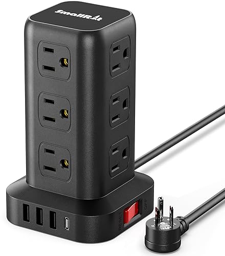 Cable de extensión con múltiples tomas, torre de regleta protectora de sobretensiones, 12 CA 4 USB, torre protectora de sobretensiones de 6.5 pies de protección contra sobrecarga para oficina en casa