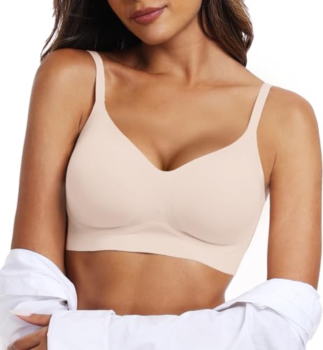 OEAK Sujetadores push up para mujer, cómodos brasieres sin varillas, con cuello en V, sin costuras, brasier básico sin varillas, Desnudo/