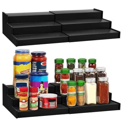 VenDotbi Spice Rack Organizer, 3 Tier Expandable Bamboo Spice Rack Organizer, Great for Kitchen Cabinet, Cupboard, Pantry and More-Black(2pack)