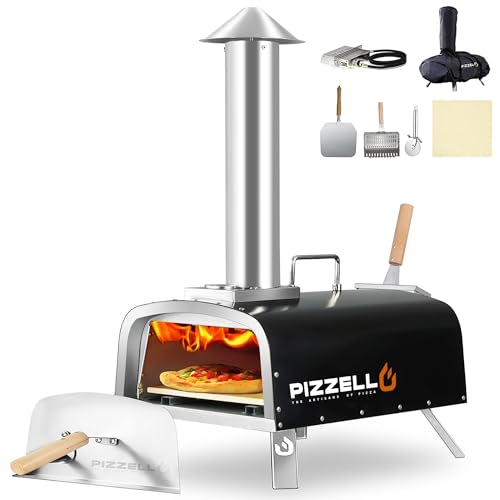 PIZZELLO 12" Outdoor Pizza Oven Propane & Wood Fired Pizza Maker Multi-Fuel Pizza Ovens with Gas Burner, Wood Tray, Stone, Pizza Peel, Cover, Forte Gas (Black)