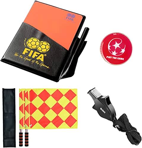 Wrzbest Kit de árbitro de fútbol de fútbol, banderas de linesman, silbato de árbitro, moneda de lanzamiento y tarjetas amarillas con cuaderno, juego de accesorios de árbitro 4 en 1, Amarillo