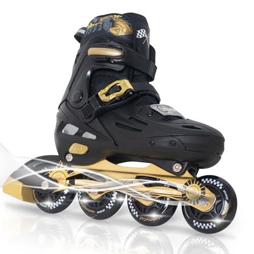 MammyGol Patines en línea para niños y niñas, patines ajustables de 4 tamaños con ruedas intermitentes de poliuretano, patines en línea agresivos de alto rendimiento para niños de 6 a 12 años, dorado