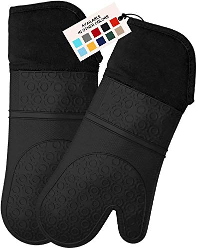 HOMWE Extra Long Professional Silicone Oven Mitt, Oven Mitts with Quilted Liner, Heat Resistant Pot Holders, Flexible Oven Gloves, Black, 1 Pair, 14.7 Inch