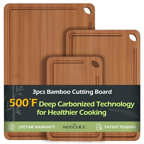 Tabla de cortar de bambú, tablas de cortar de madera duradera para cocina con ranuras profundas para jugos y asas integradas, ideal para embutidos y trozos para carne, verduras y frutas, ideas de