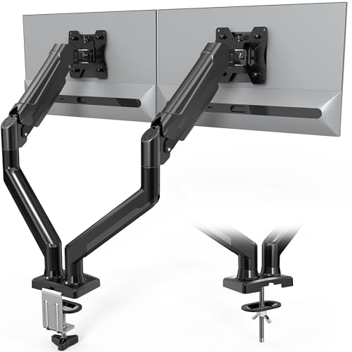 BONTEC Soporte para monitor doble, soporte de escritorio ajustable con resorte de gas para pantallas de 13 a 32 pulgadas, soporte VESA de movimiento completo con abrazadera C, base de ojales,