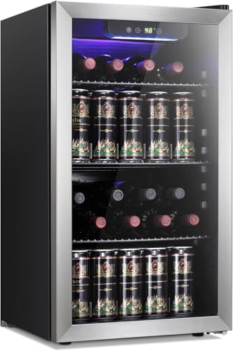 Antarctic Star Refrigerador de vino para 26 botellas de 130 latas/gabinete para bebidas, mini bodega, cerveza, soda, vidrio transparente, puerta, bar, refrigerador, compresor silencioso, ajustar la